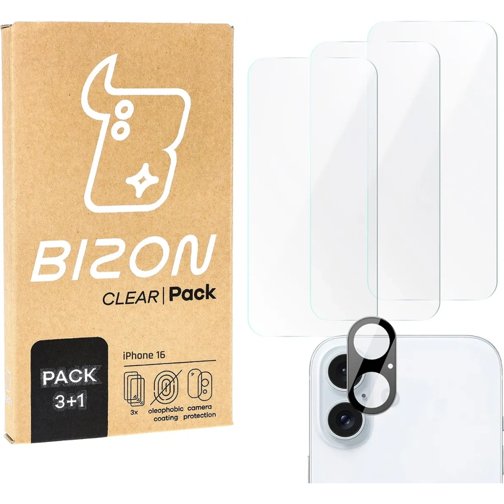 Hurtownia GSM - BIZON Clear 3x sticlă de ecran + sticlă pentru cameră Apple iPhone 16 - BIZ6527 - {ean13} - Hurt