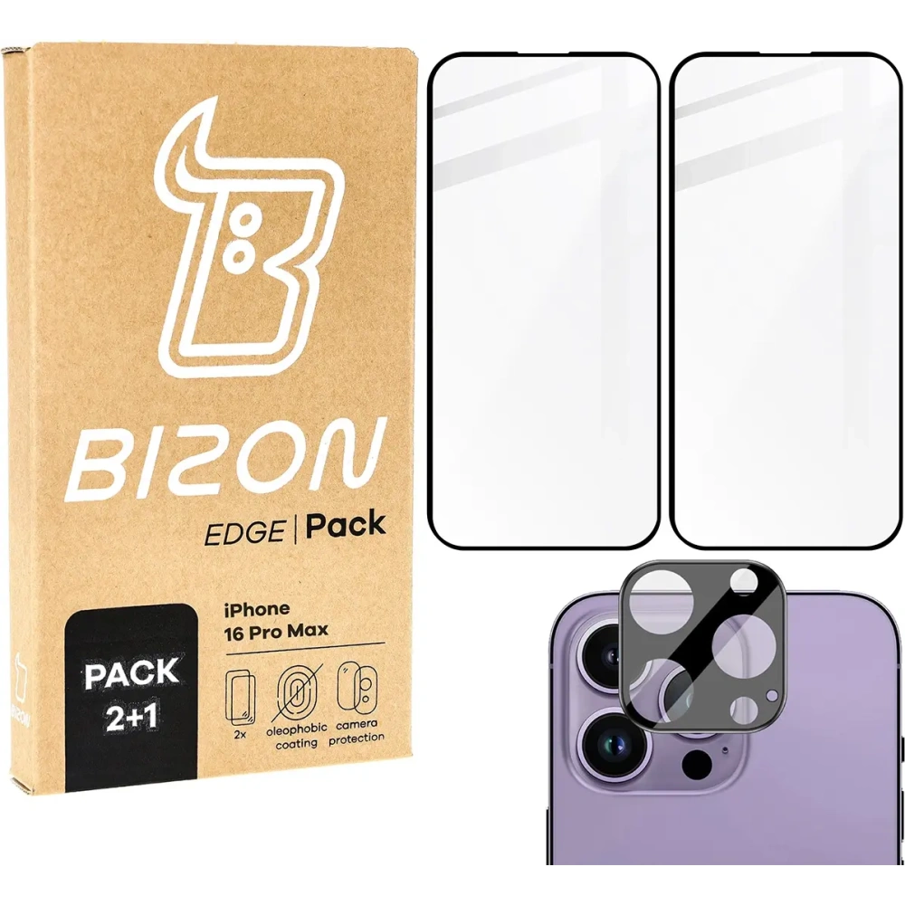 Wholesale Bizon Edge 2x tempered screen glass with frame + camera glass Apple iPhone 16 Pro Max - BIZ6544 - {ean13} - Hurt