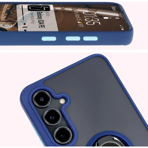 Etui z uchwytem na palec Bizon Case Hybrid Ring do Samsung Galaxy S24 FE przydymione z granatową ramką