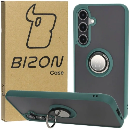Etui z uchwytem na palec Bizon Case Hybrid Ring do Samsung Galaxy S24 FE przydymione z ciemnozieloną ramką