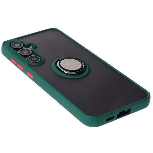 Etui z uchwytem na palec Bizon Case Hybrid Ring do Samsung Galaxy S24 FE przydymione z ciemnozieloną ramką