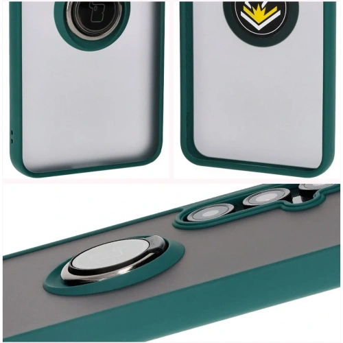 Etui z uchwytem na palec Bizon Case Hybrid Ring do Samsung Galaxy S24 FE przydymione z ciemnozieloną ramką