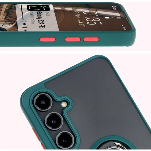 Etui z uchwytem na palec Bizon Case Hybrid Ring do Samsung Galaxy S24 FE przydymione z ciemnozieloną ramką