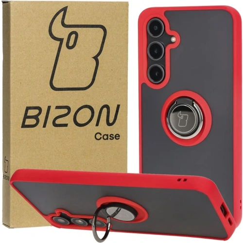 Etui z uchwytem na palec Bizon Case Hybrid Ring do Samsung Galaxy S24 FE przydymione z czerwoną ramką