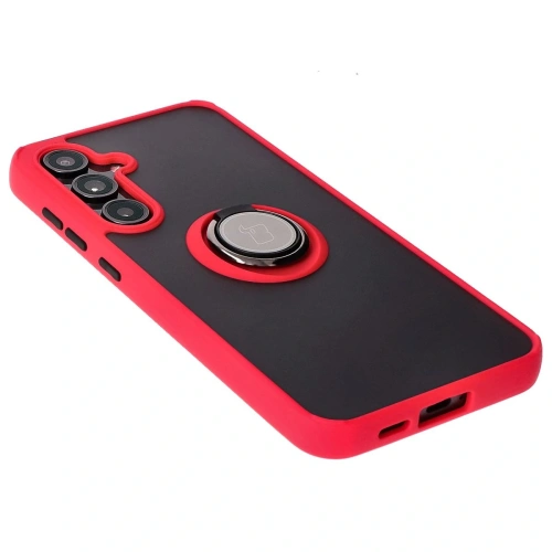 Etui z uchwytem na palec Bizon Case Hybrid Ring do Samsung Galaxy S24 FE przydymione z czerwoną ramką