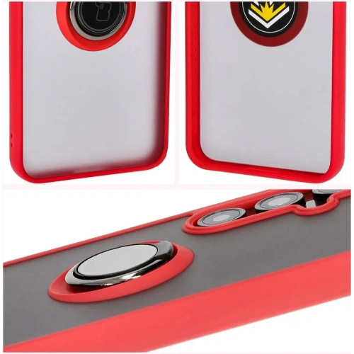 Etui z uchwytem na palec Bizon Case Hybrid Ring do Samsung Galaxy S24 FE przydymione z czerwoną ramką