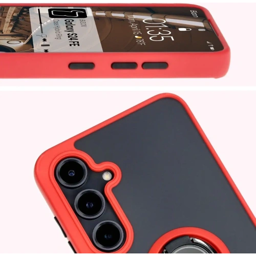 Etui z uchwytem na palec Bizon Case Hybrid Ring do Samsung Galaxy S24 FE przydymione z czerwoną ramką