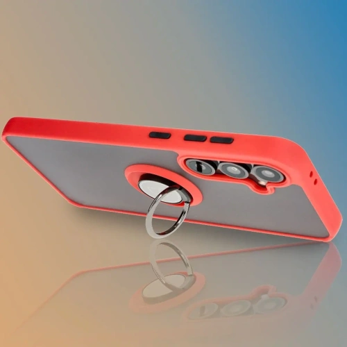 Etui z uchwytem na palec Bizon Case Hybrid Ring do Samsung Galaxy S24 FE przydymione z czerwoną ramką