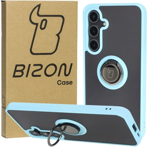 Etui z uchwytem na palec Bizon Case Hybrid Ring do Samsung Galaxy S24 FE przydymione z jasnoniebieską ramką