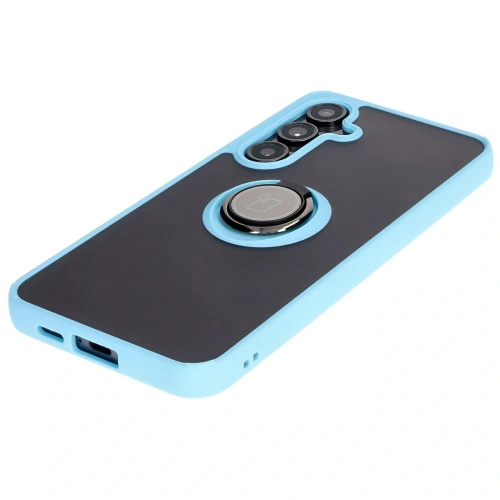 Etui z uchwytem na palec Bizon Case Hybrid Ring do Samsung Galaxy S24 FE przydymione z jasnoniebieską ramką