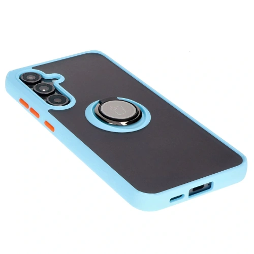 Etui z uchwytem na palec Bizon Case Hybrid Ring do Samsung Galaxy S24 FE przydymione z jasnoniebieską ramką