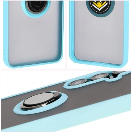 Etui z uchwytem na palec Bizon Case Hybrid Ring do Samsung Galaxy S24 FE przydymione z jasnoniebieską ramką