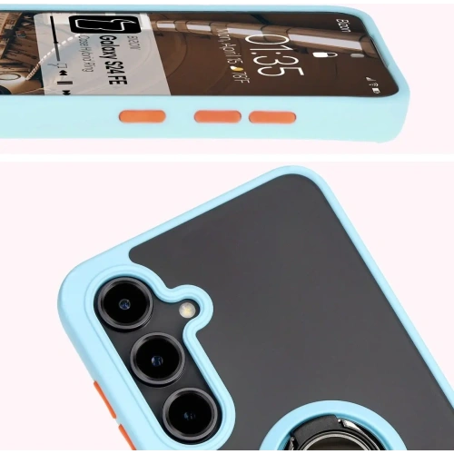 Etui z uchwytem na palec Bizon Case Hybrid Ring do Samsung Galaxy S24 FE przydymione z jasnoniebieską ramką