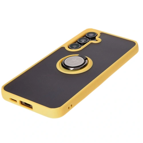 Etui z uchwytem na palec Bizon Case Hybrid Ring do Samsung Galaxy S24 FE przydymione z żółtą ramką