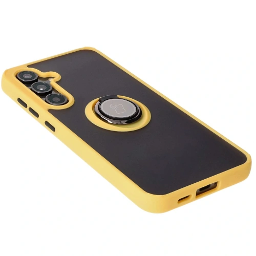 Etui z uchwytem na palec Bizon Case Hybrid Ring do Samsung Galaxy S24 FE przydymione z żółtą ramką