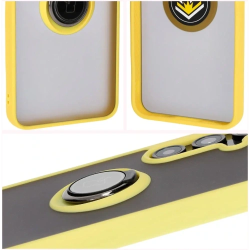 Etui z uchwytem na palec Bizon Case Hybrid Ring do Samsung Galaxy S24 FE przydymione z żółtą ramką