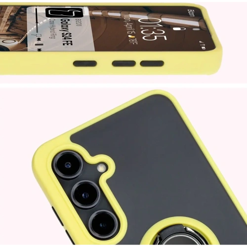 Etui z uchwytem na palec Bizon Case Hybrid Ring do Samsung Galaxy S24 FE przydymione z żółtą ramką