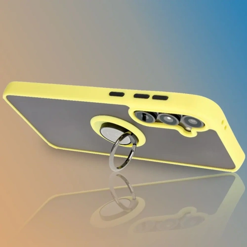 Etui z uchwytem na palec Bizon Case Hybrid Ring do Samsung Galaxy S24 FE przydymione z żółtą ramką