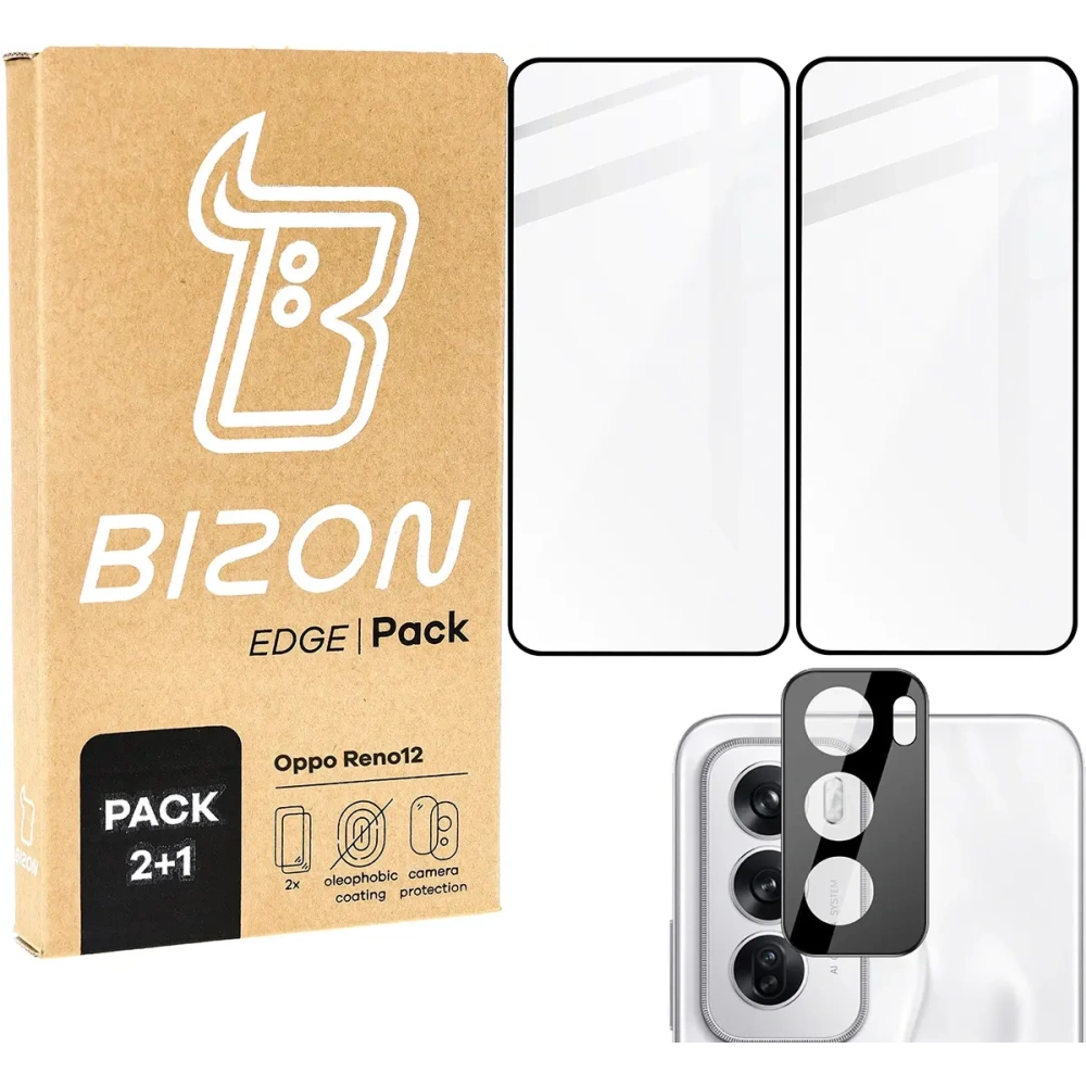 Hurtownia GSM - Bizon Edge 3D Csomag 2x edzett üveg kijelzőkerettel + kameraüveg Oppo Reno 12-hez - BIZ6571 - {ean13} - Hurt