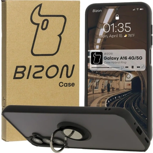 Etui z uchwytem na palec Bizon Case Hybrid Ring do Samsung Galaxy A16 4G/5G przydymione z czarną ramką