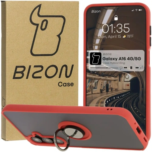 Etui z uchwytem na palec Bizon Case Hybrid Ring do Samsung Galaxy A16 4G/5G przydymione z czerwoną ramką