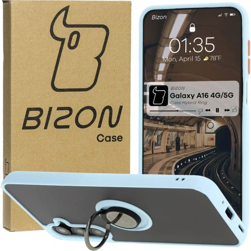Etui z uchwytem na palec Bizon Case Hybrid Ring do Samsung Galaxy A16 4G/5G przydymione z jasnoniebieską ramką
