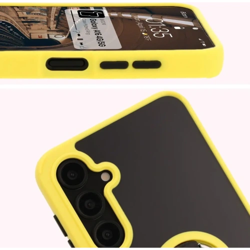 Etui z uchwytem na palec Bizon Case Hybrid Ring do Samsung Galaxy A16 4G/5G przydymione z żółtą ramką