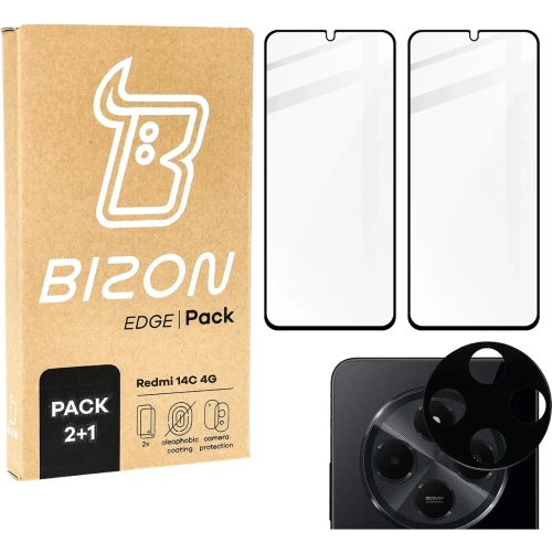 2x Szkło hartowane na ekran z ramką + szkło na aparat Bizon Edge do Xiaomi Redmi 14C 4G
