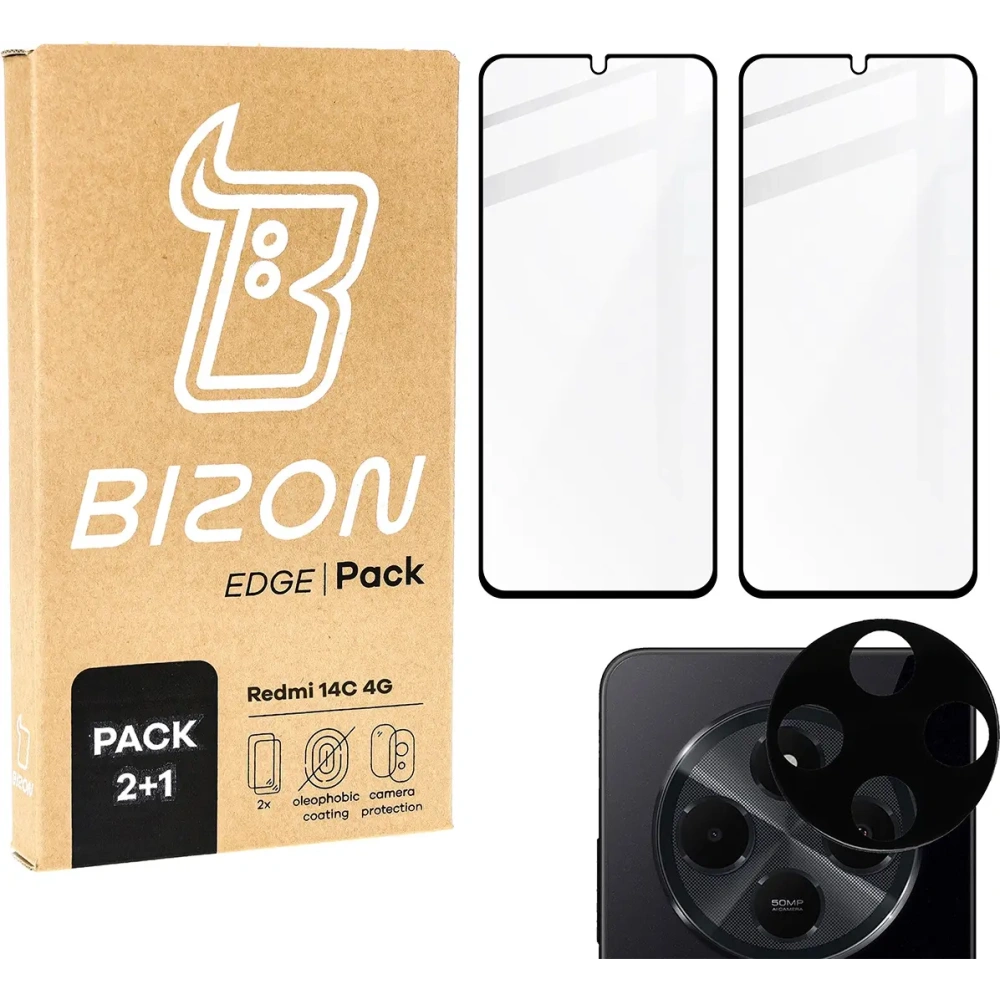 Wholesale Bizon Edge 2x tempered screen glass with frame + camera glass Xiaomi Redmi 14C 4G - BIZ6874 - {ean13} - Hurt