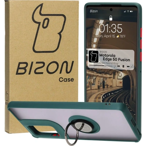 Etui z uchwytem na palec Bizon Case Hybrid Ring do Motorola Edge 50 Fusion przydymione z ciemnozieloną ramką