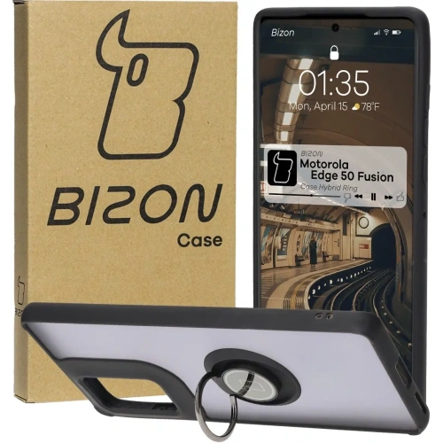 Etui z uchwytem na palec Bizon Case Hybrid Ring do Motorola Edge 50 Fusion przydymione z czarną ramką