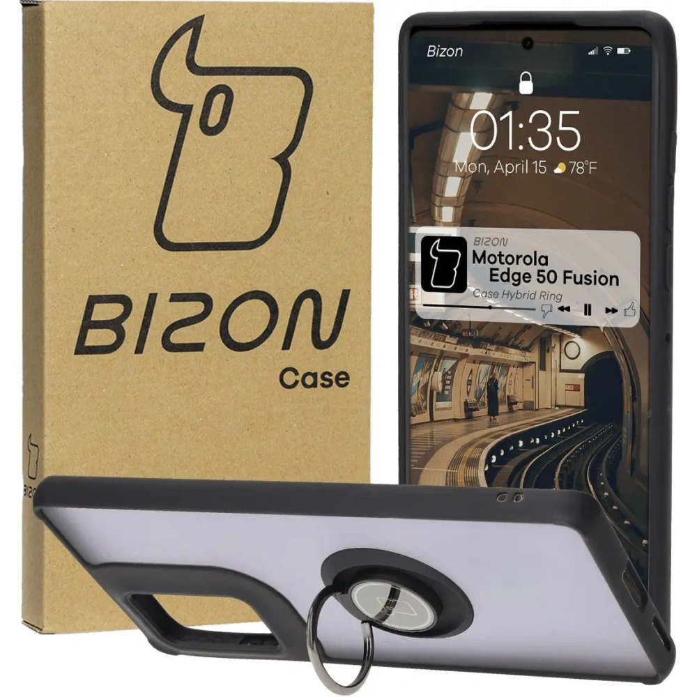 Hurtownia GSM - Etui z uchwytem na palec Bizon Case Hybrid Ring do Motorola Edge 50 Fusion przydymione z czarną ramką - BIZ6881 - {ean13} - Hurt