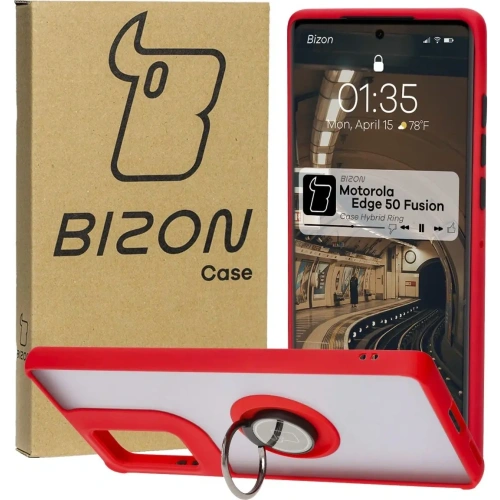 Etui z uchwytem na palec Bizon Case Hybrid Ring do Motorola Edge 50 Fusion przydymione z czerwoną ramką