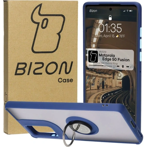 Etui z uchwytem na palec Bizon Case Hybrid Ring do Motorola Edge 50 Fusion przydymione z granatową ramką