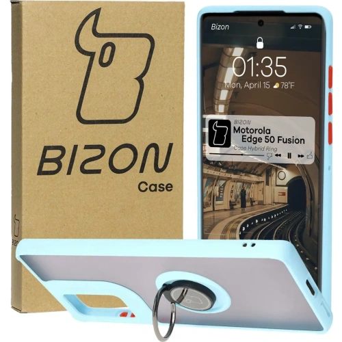 Etui z uchwytem na palec Bizon Case Hybrid Ring do Motorola Edge 50 Fusion przydymione z jasnoniebieską ramką