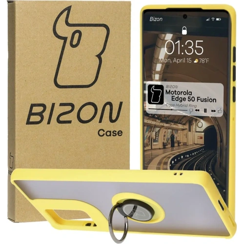 Etui z uchwytem na palec Bizon Case Hybrid Ring do Motorola Edge 50 Fusion przydymione z żółtą ramką