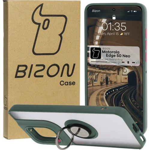 Etui z uchwytem na palec Bizon Case Hybrid Ring do Motorola Edge 50 Neo przydymione z ciemnozieloną ramką