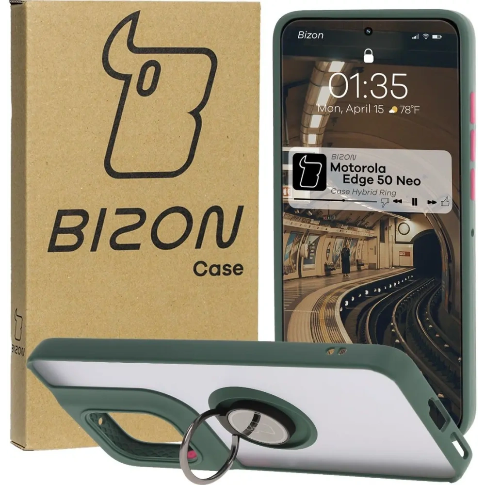 Hurtownia GSM - Etui z uchwytem na palec Bizon Case Hybrid Ring do Motorola Edge 50 Neo przydymione z ciemnozieloną ramką - BIZ6886 - {ean13} - Hurt