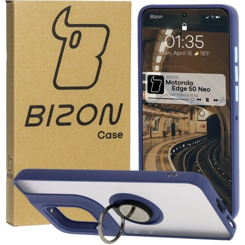 Etui z uchwytem na palec Bizon Case Hybrid Ring do Motorola Edge 50 Neo przydymione z granatową ramką