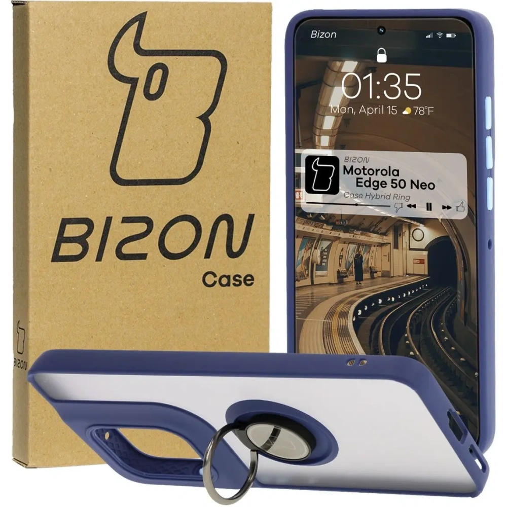 Hurtownia GSM - Etui z uchwytem na palec Bizon Case Hybrid Ring do Motorola Edge 50 Neo przydymione z granatową ramką - BIZ6889 - {ean13} - Hurt