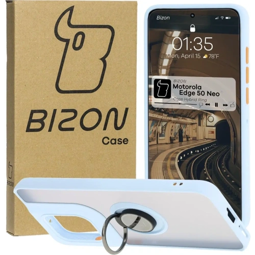 Etui z uchwytem na palec Bizon Case Hybrid Ring do Motorola Edge 50 Neo przydymione z jasnoniebieską ramką