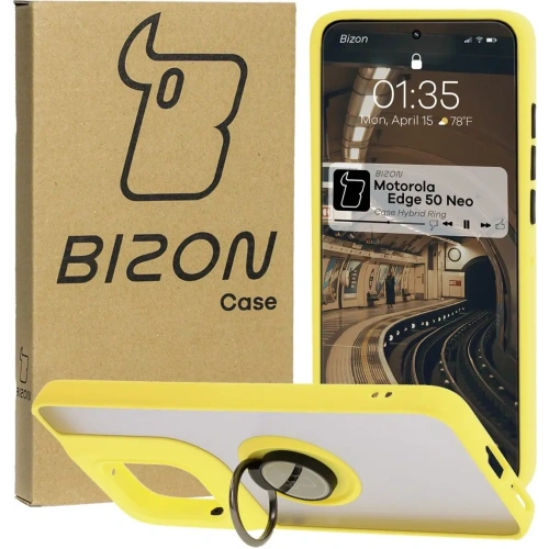 Etui z uchwytem na palec Bizon Case Hybrid Ring do Motorola Edge 50 Neo przydymione z żółtą ramką