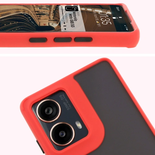 Etui z uchwytem na palec Bizon Case Hybrid Ring do Motorola Moto G85 5G przydymione z czerwoną ramką