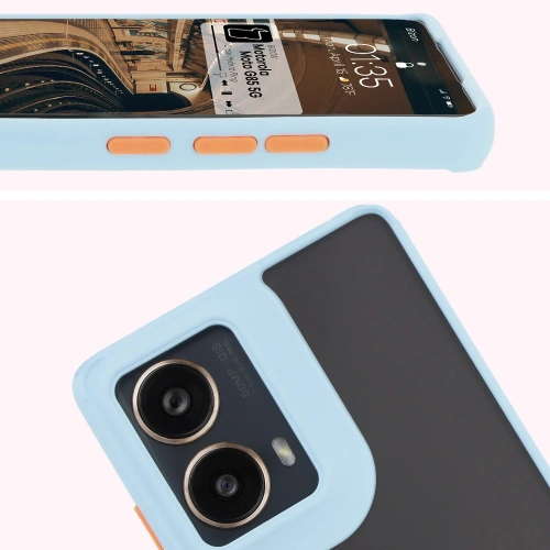 Etui z uchwytem na palec Bizon Case Hybrid Ring do Motorola Moto G85 5G przydymione z jasnoniebieską ramką