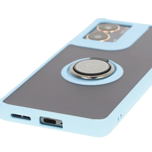Etui z uchwytem na palec Bizon Case Hybrid Ring do Motorola Moto G85 5G przydymione z jasnoniebieską ramką