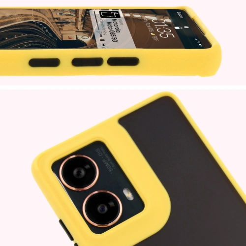 Etui z uchwytem na palec Bizon Case Hybrid Ring do Motorola Moto G85 5G przydymione z żółtą ramką
