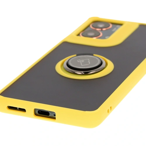 Etui z uchwytem na palec Bizon Case Hybrid Ring do Motorola Moto G85 5G przydymione z żółtą ramką