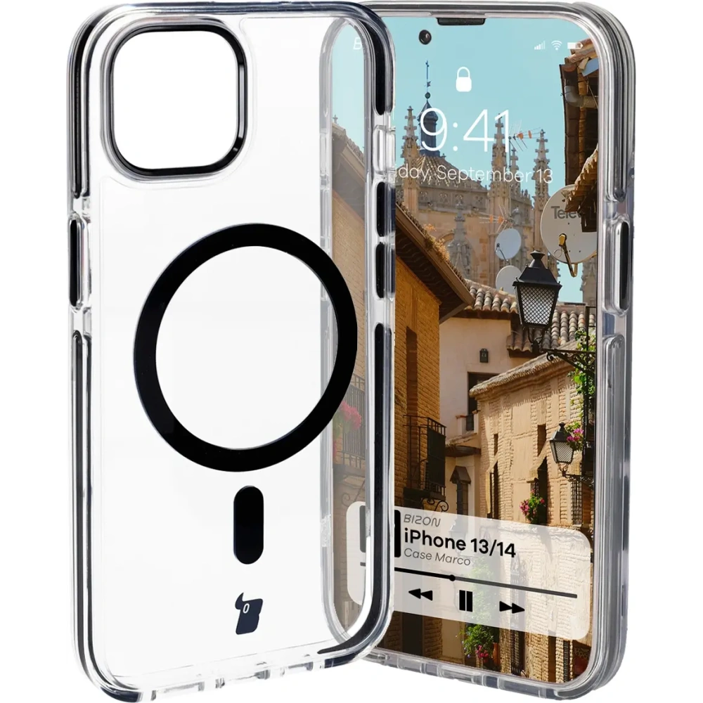 Hurtownia GSM - Etui z pierścieniem magnetycznym Bizon Case Marco do Apple iPhone 14 / Apple iPhone 13 przezroczyste z czarną ramką - BIZ6905 - {ean13} - Hurt