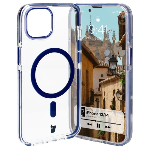 Etui z pierścieniem magnetycznym Bizon Case Marco do Apple iPhone 14 / Apple iPhone 13 przezroczyste z niebieską ramką