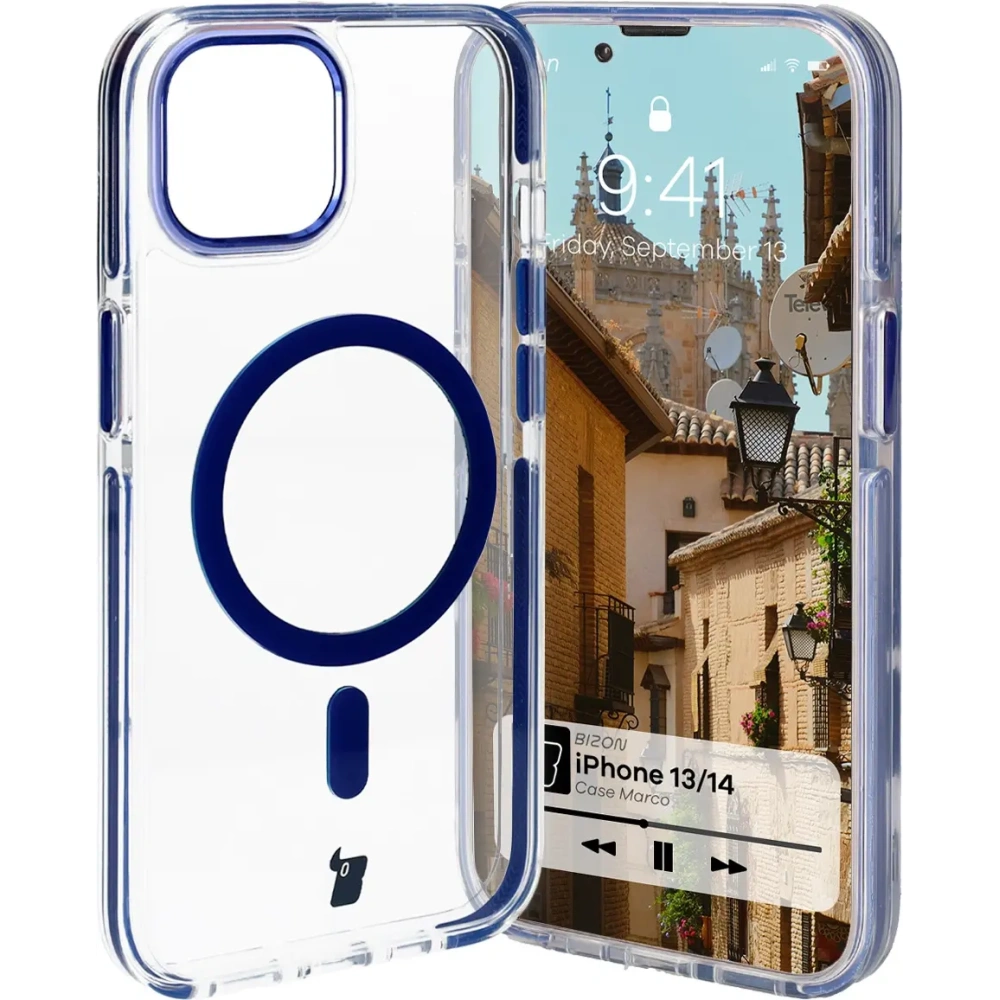 Hurtownia GSM - Etui z pierścieniem magnetycznym Bizon Case Marco do Apple iPhone 14 / Apple iPhone 13 przezroczyste z niebieską ramką - BIZ6906 - {ean13} - Hurt